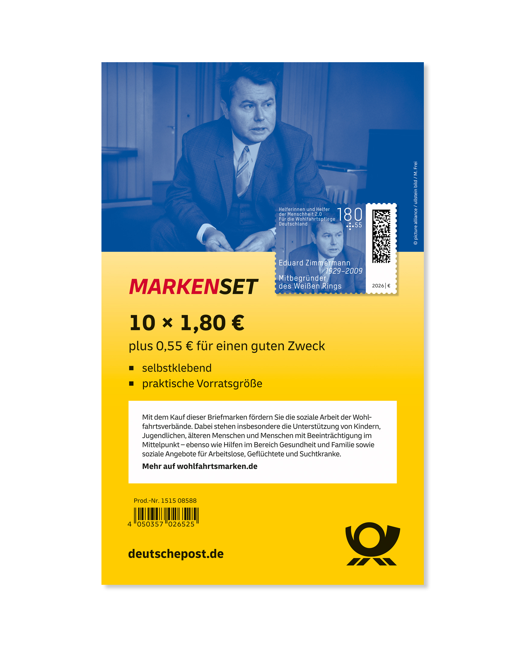 Marken-Set „Eduard Zimmermann“ Wohlfahrtsmarke 2026 (10x180+55 ct., selbstklebend) – Bild 2